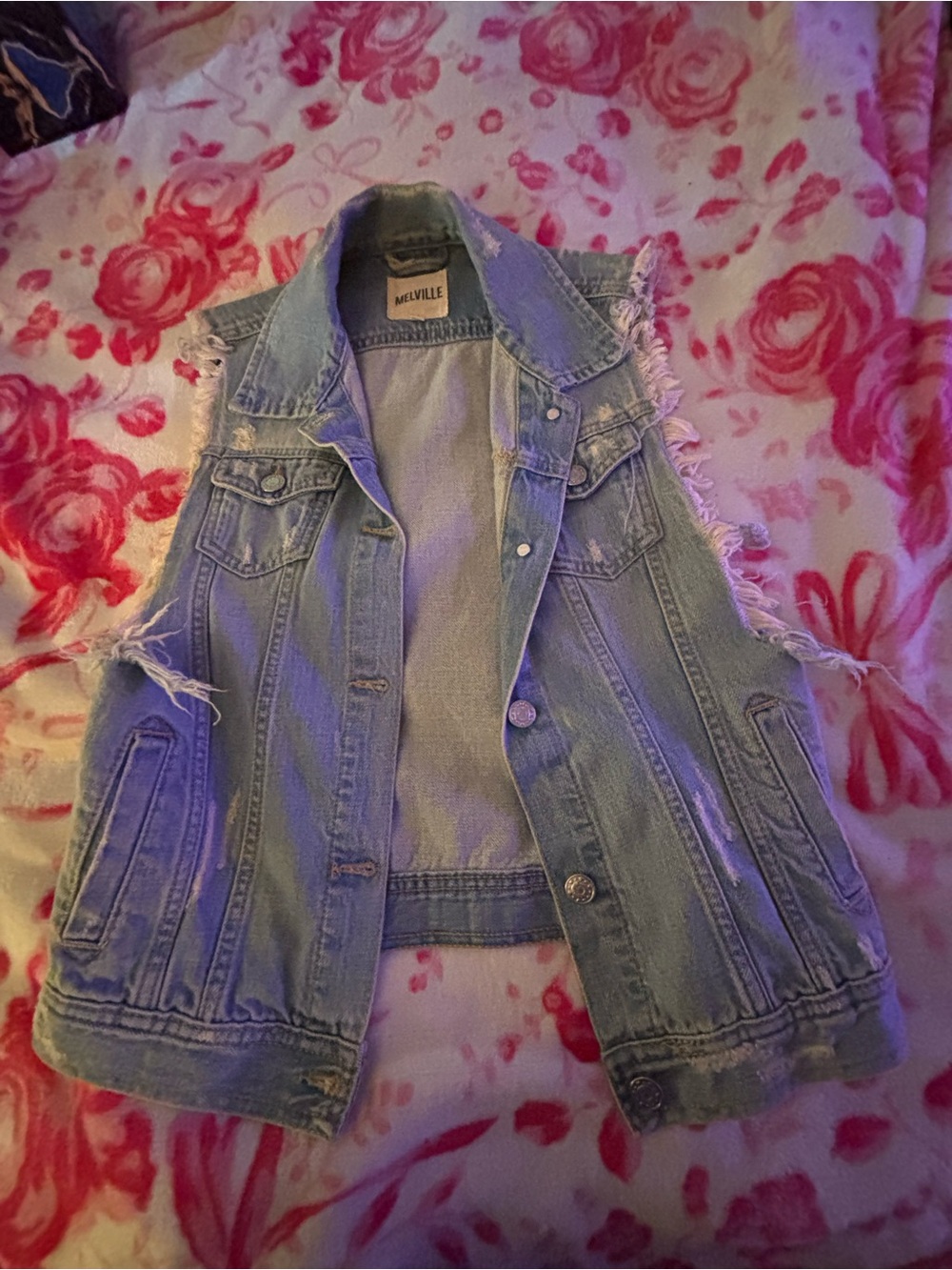 Brandy Melville Women's Light Blue Distressed Denim Vest one size